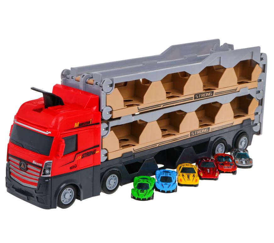 Set Camion 3 în 1 cu Catapultă și Pista pentru Mașinuțe – 6 Vehicule cu Arcuri, Jucărie Interactivă pentru Copii 3+