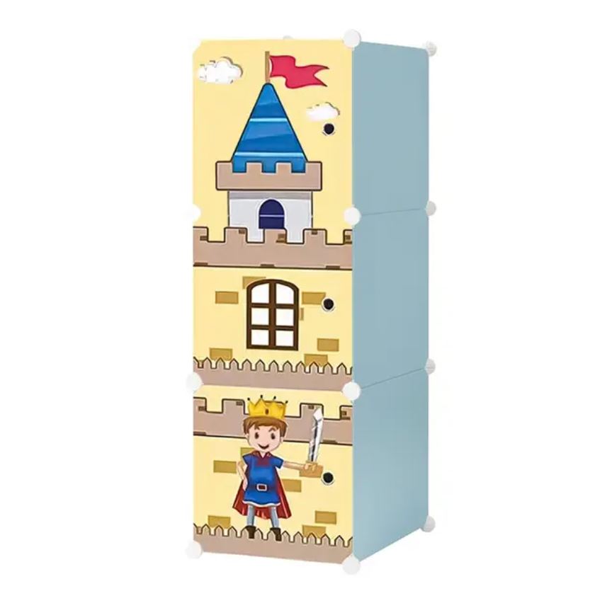 Dulap Modular pentru Copii Little Prince cu 3 Compartimente, Cadru Metalic si Panouri din Plastic, Organizator Haine si Jucarii, 37 x 37 x 111 cm