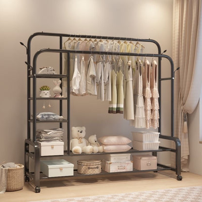 Stand Haine Dublu cu Roți, Suport Metalic pentru Umerașe, Rafturi și Suport Pantofi, Organizator Garderobă Rezistent 68 kg, 120x49x160 cm