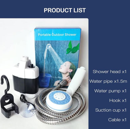 Duș portabil camping cu baterie 2200mAh, încărcare USB, furtun 1.5m – 2 trepte presiune, debit 3-4L/min, ideal pentru camping, rulote și drumeții