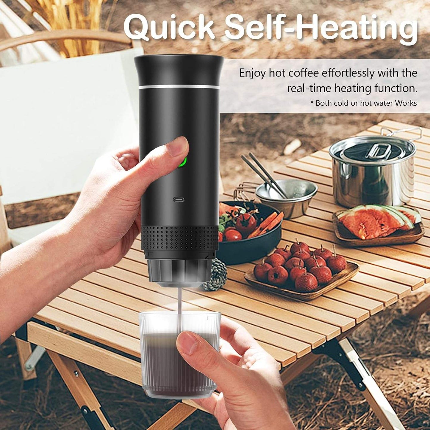 Espressor Portabil 3 în 1 cu Încălzire, 15 Bari, USB-C – Compatibil Capsule și Cafea Măcinată, Ideal pentru Călătorii, Camping și Birou