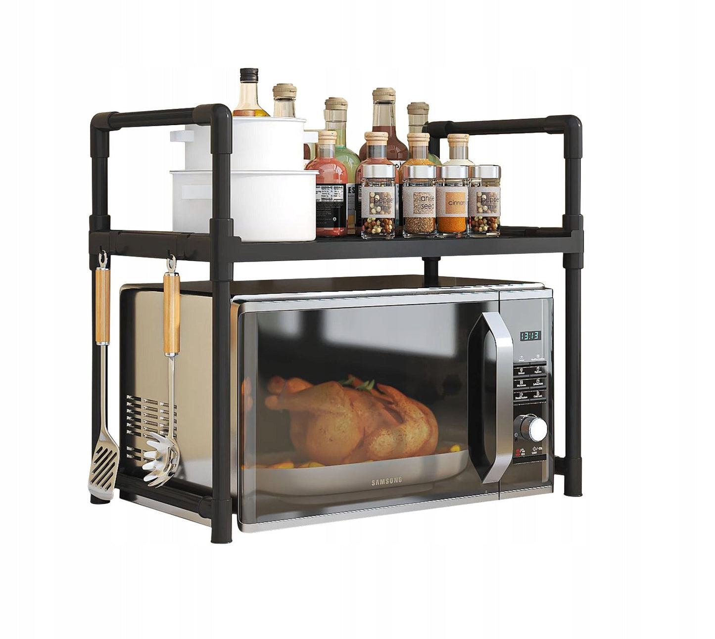 Etajeră pentru Cuptor cu Microunde, Raft Organizator Bucătărie 2 Niveluri, Plastic Rezistent, 49 x 48 x 26 cm, Negru