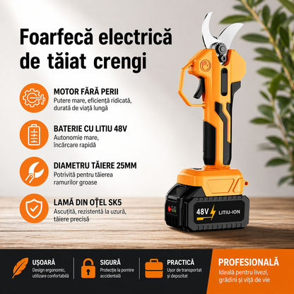 Foarfecă electrică de grădină 48V cu acumulator Li-Ion, tăiere ramuri până la 25 mm, profesională, portabilă, lamă oțel, autonomie mare
