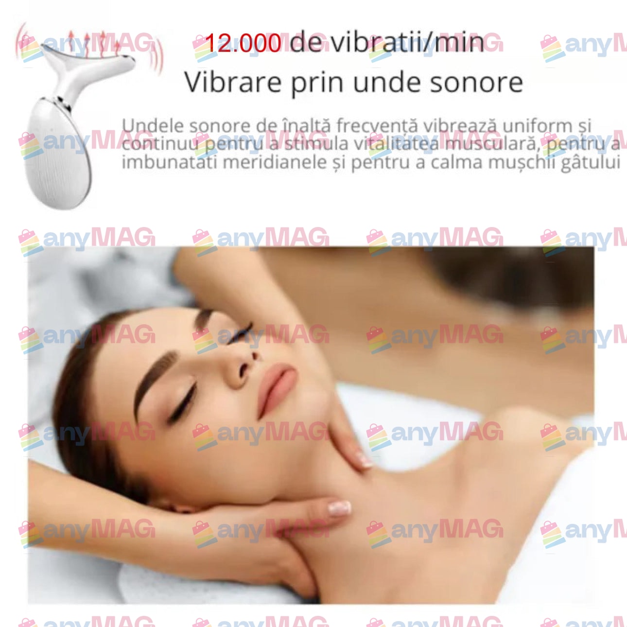 Dispozitiv antirid și lifting pentru gât, Stimulare EMS, Funcție de încălzire, Masaj, Vibratii, 3 moduri de culoare