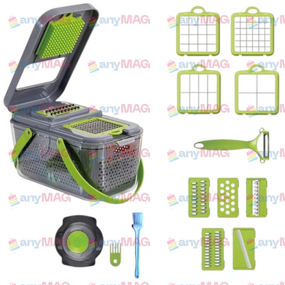 Răzătoare Multifuncțională 20 Piese - Pentru Legume și Fructe, Funcție de Caserolă, Lame din Oțel Inoxidabil, Mâner Protecție, Verde, Materiale Durabile, Non-Toxice