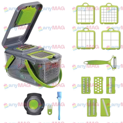 Răzătoare Multifuncțională 20 Piese - Pentru Legume și Fructe, Funcție de Caserolă, Lame din Oțel Inoxidabil, Mâner Protecție, Verde, Materiale Durabile, Non-Toxice