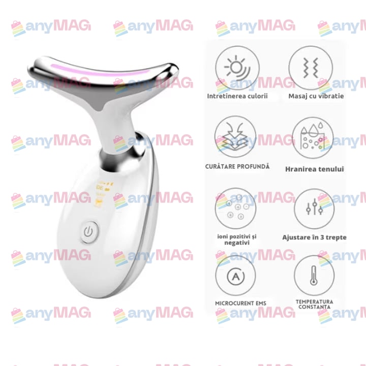 Dispozitiv antirid și lifting pentru gât, Stimulare EMS, Funcție de încălzire, Masaj, Vibratii, 3 moduri de culoare