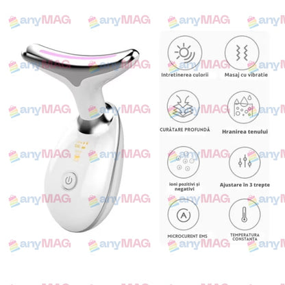 Dispozitiv antirid și lifting pentru gât, Stimulare EMS, Funcție de încălzire, Masaj, Vibratii, 3 moduri de culoare