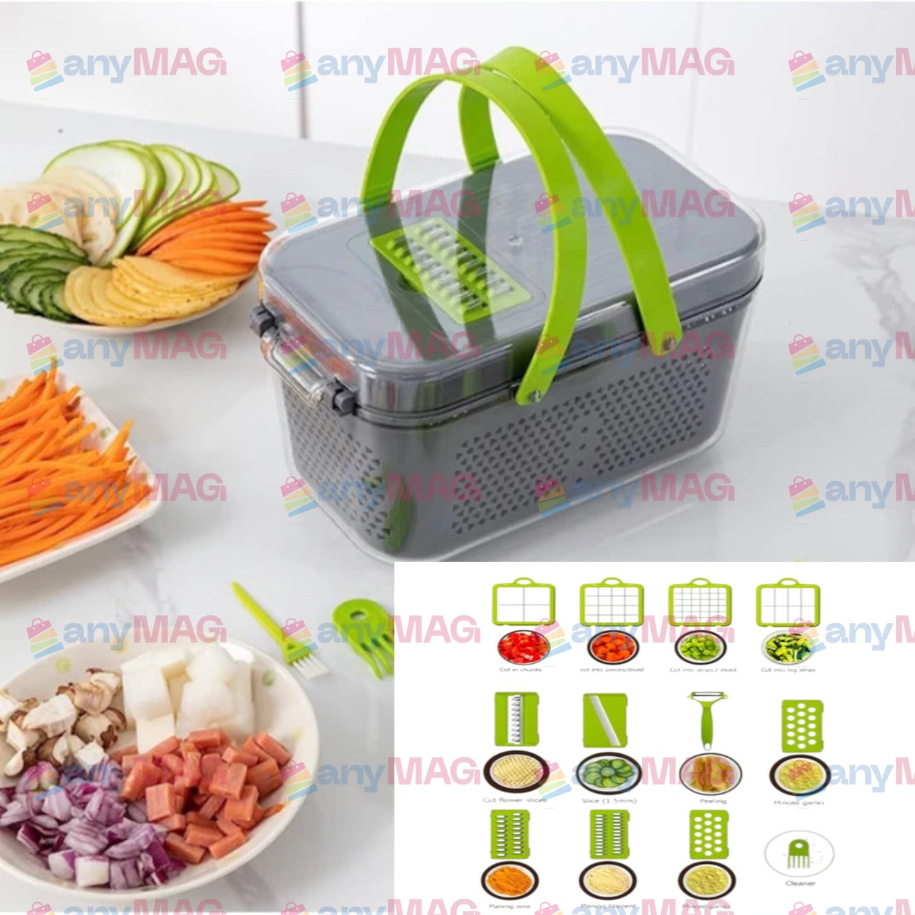 Răzătoare Multifuncțională 20 Piese - Pentru Legume și Fructe, Funcție de Caserolă, Lame din Oțel Inoxidabil, Mâner Protecție, Verde, Materiale Durabile, Non-Toxice