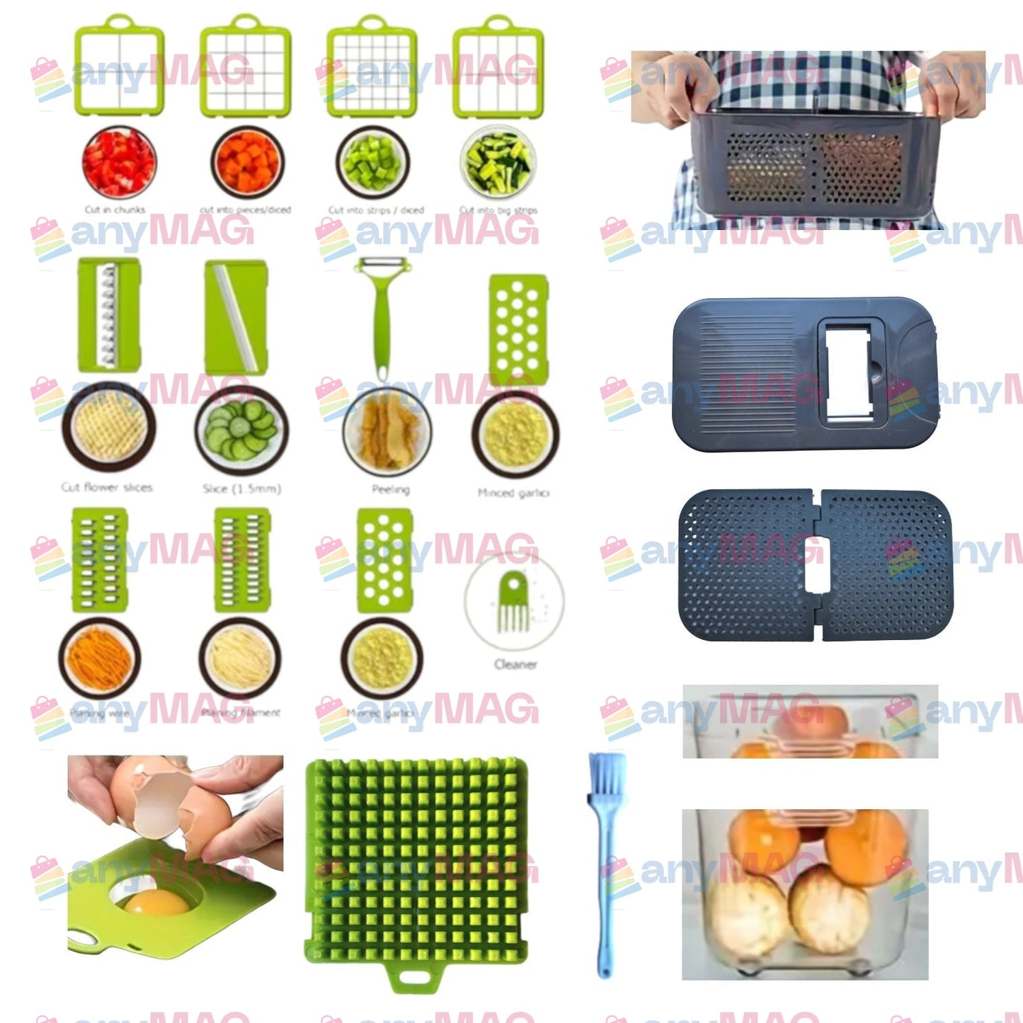 Răzătoare Multifuncțională 20 Piese - Pentru Legume și Fructe, Funcție de Caserolă, Lame din Oțel Inoxidabil, Mâner Protecție, Verde, Materiale Durabile, Non-Toxice