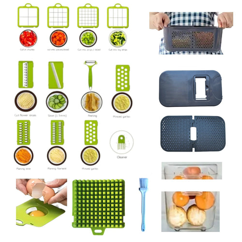 Răzătoare Multifuncțională 20 Piese - Pentru Legume și Fructe, Funcție de Caserolă, Lame din Oțel Inoxidabil, Mâner Protecție, Verde, Materiale Durabile, Non-Toxice