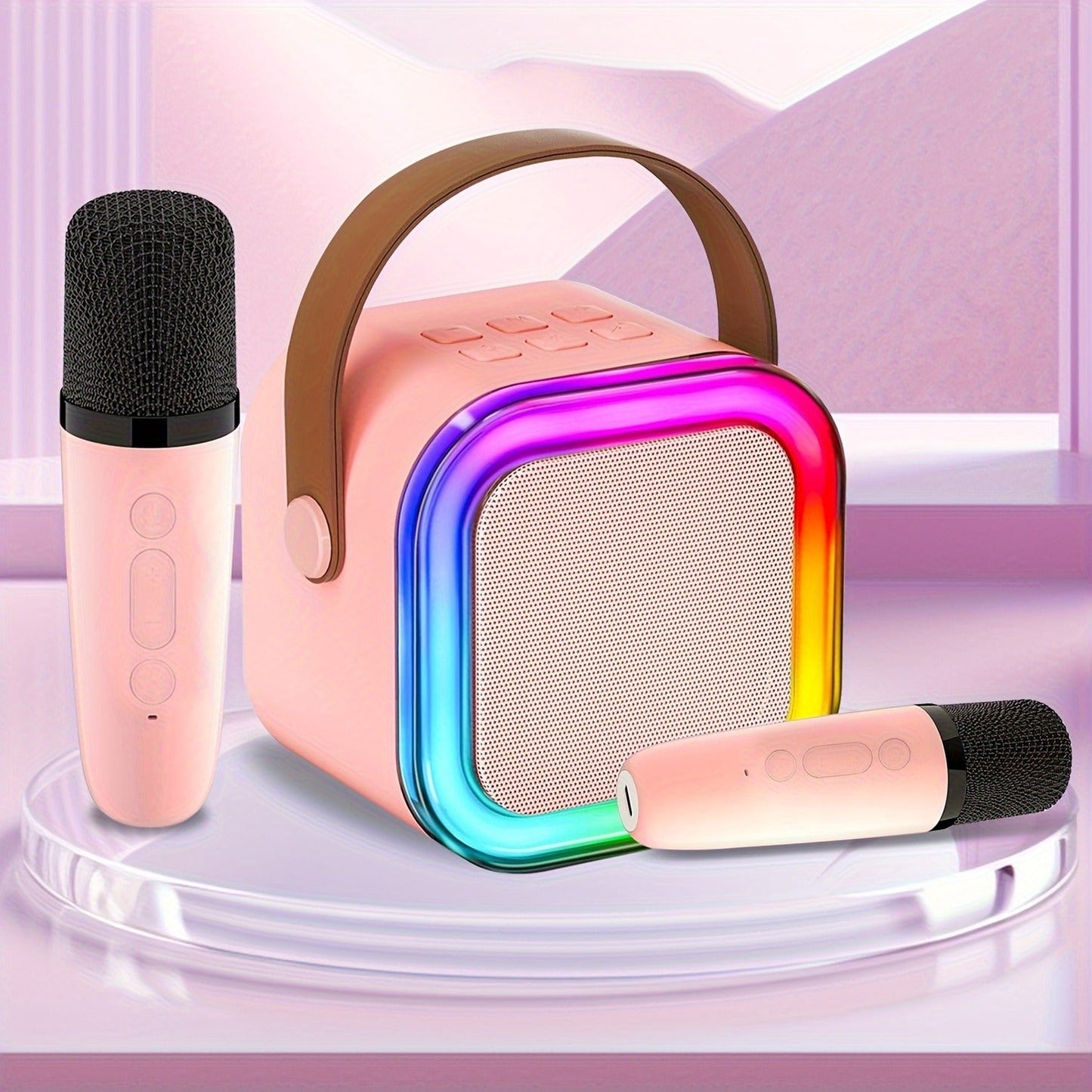 Sistem Karaoke Portabil cu 2 Microfoane Wireless și Boxă Bluetooth – LED RGB, Efecte Vocale, Sunet 3D, USB-C, Roz