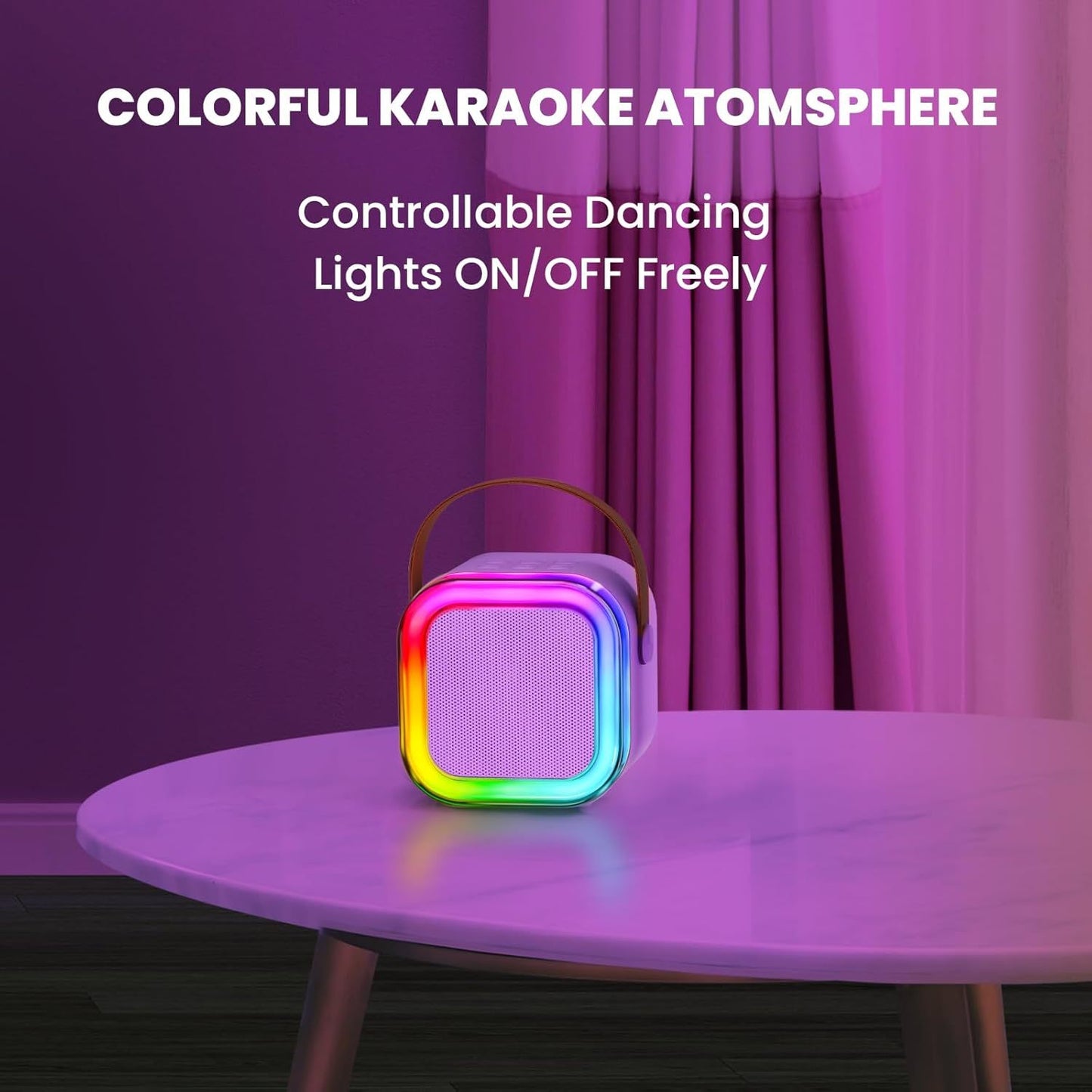 Set Karaoke cu 2 Microfoane Wireless și Boxă Bluetooth – LED RGB, Sunet 3D, 5 Efecte Vocale,USB-C, Portabil, Roz