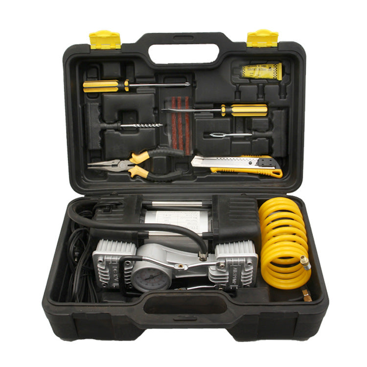 Compresor auto portabil 2 cilindri, pompă aer pentru anvelope + kit reparare pană auto