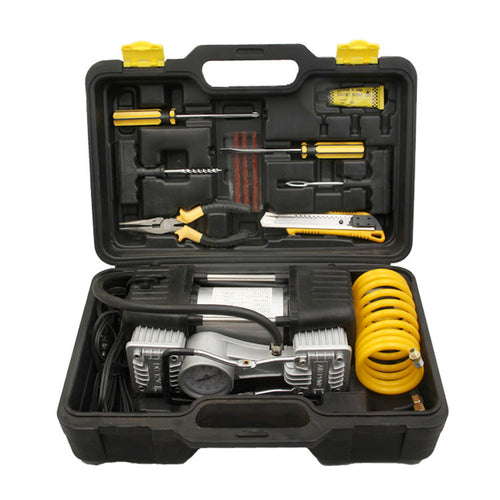 Compresor auto portabil 2 cilindri, pompă aer pentru anvelope + kit reparare pană auto