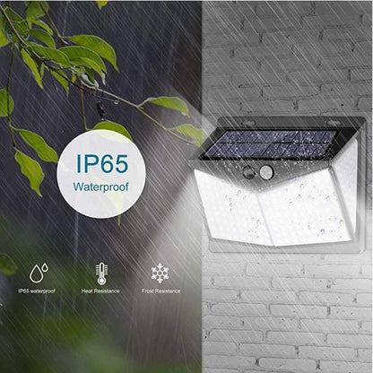 ampă solară LED exterior 100 LED-uri, senzor de mișcare PIR 5m, 3 moduri iluminare, IP65, fără fir, montaj perete pentru curte și grădină