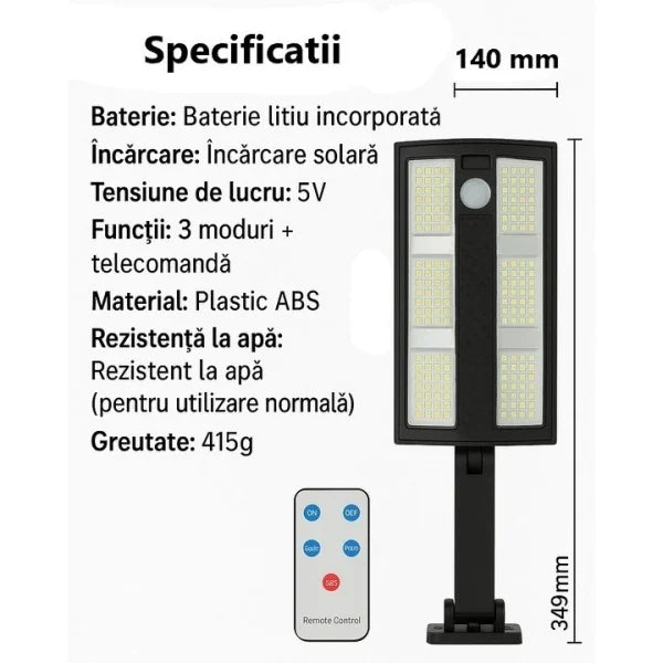 Lampă Solară Stradală LED Exterior 50W – 230 LED Next Gen, Senzor Mișcare, Telecomandă, IP66, Iluminat Inteligent