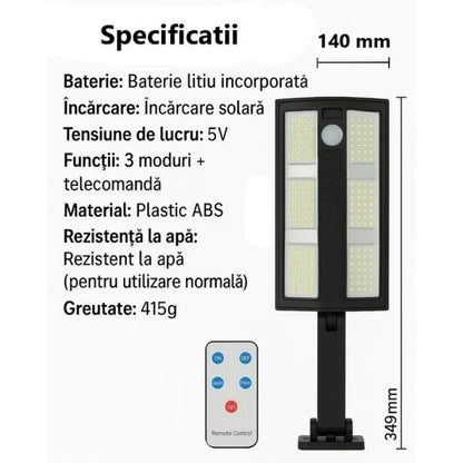 Lampă Solară Stradală LED Exterior 50W – 230 LED Next Gen, Senzor Mișcare, Telecomandă, IP66, Iluminat Inteligent