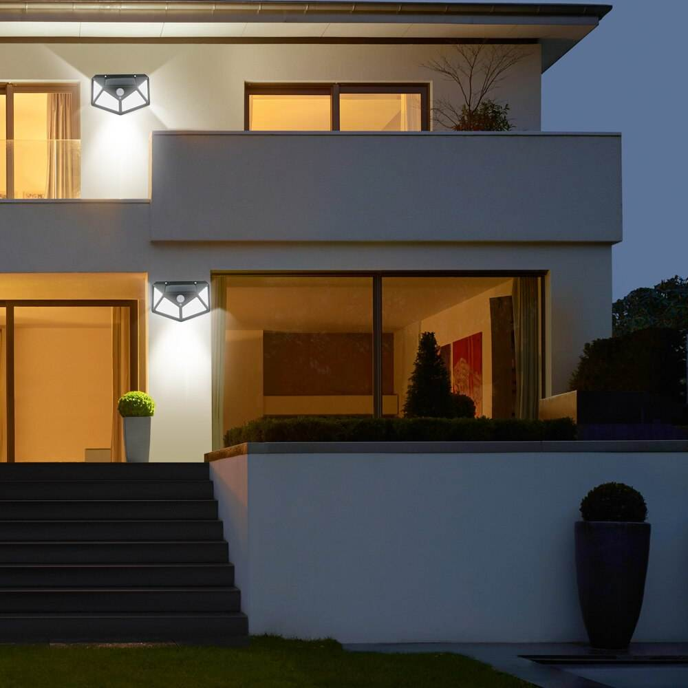 Lampă solară LED exterior 100 LED-uri, senzor de mișcare PIR, 3 moduri iluminare, IP65 waterproof, montaj perete, iluminare curte și grădină