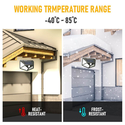 Lampă solară LED exterior 100 LED-uri, senzor de mișcare PIR, 3 moduri iluminare, IP65 waterproof, montaj perete, iluminare curte și grădină