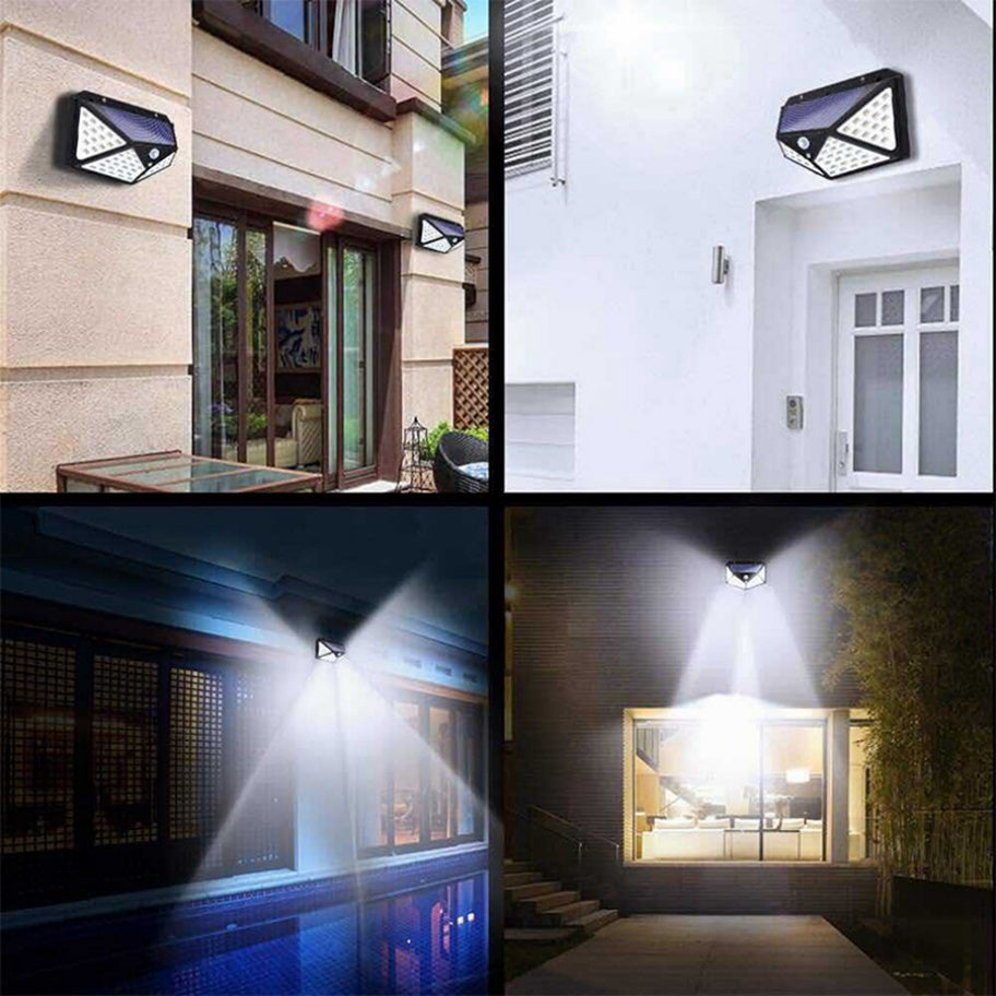 Lampă solară LED exterior 100 LED-uri, senzor de mișcare PIR, 3 moduri iluminare, IP65 waterproof, montaj perete, iluminare curte și grădină