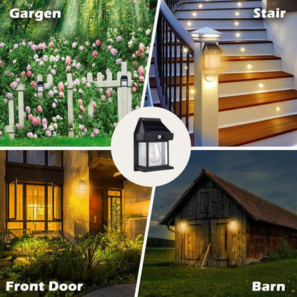 Lampă solară exterior LED cu senzor de mișcare, tip felinar, fără fir, impermeabilă, iluminare automată, montaj pe perete