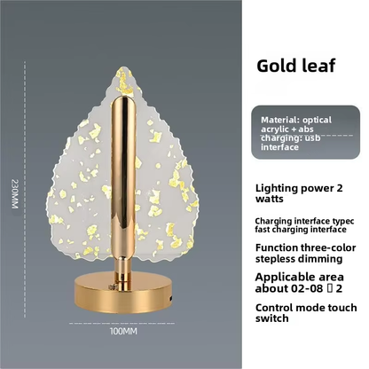 Lampă LED Decorativă în Formă de Frunză, Touch Dimabil, Reîncărcabilă USB, Bază Aurie Premium – 3 Culori de Lumină, Iluminare Ambientală Elegantă