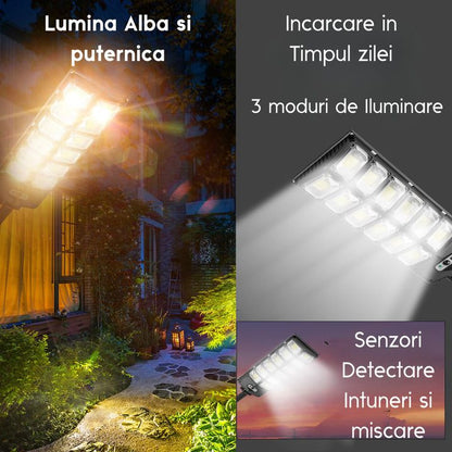 Lampă Solară VISURON  – Proiector Exterior cu 420 LED-uri, 10 Casete, Panou Solar Integrat, Telecomandă & Senzor de Mișcare, IP67