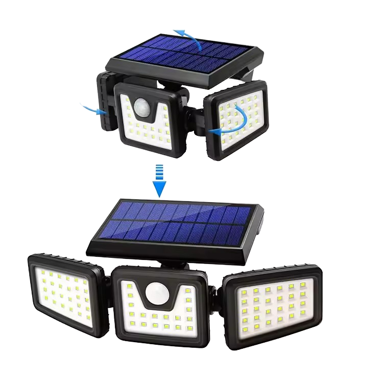 Proiector Solar LED Exterior cu 3 Capete, Senzor de Miscare 270°, 74 LED-uri, Iluminat Puternic pentru Curte si Gradina, Lampă Solară de Perete cu