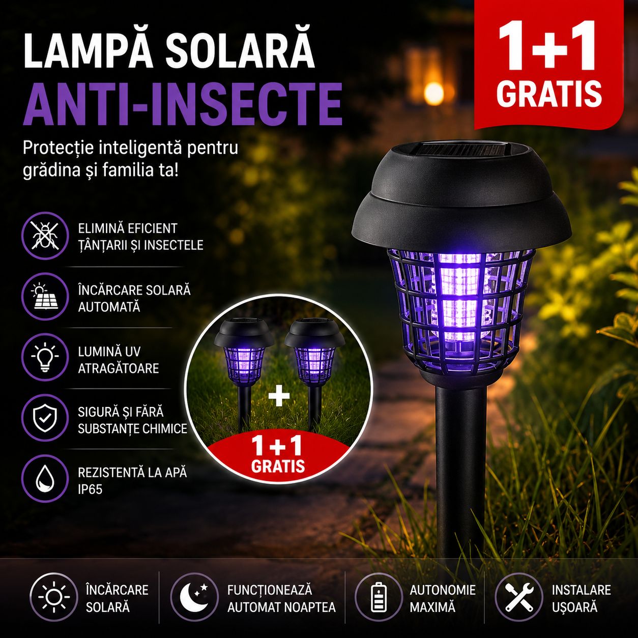 Lampă Solară Anti-Țânțari 1+1 – LED UV, 2 Moduri, Iluminare Automată
