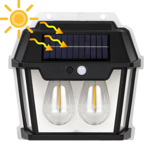 Lampă solară LED de exterior tip vintage, 2 becuri, senzor de mișcare 8m, 3 moduri iluminare, IP65 waterproof, fără fir, montaj perete