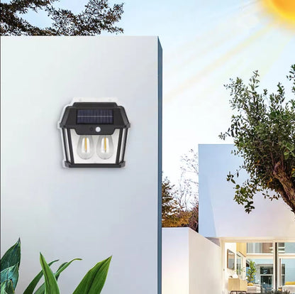 Lampă solară de perete vintage cu 2 LED-uri, senzor de mișcare 8m, 3 moduri iluminare, IP65 waterproof, exterior, fără fir, negru