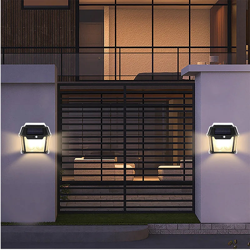 Lampă solară de perete vintage cu 2 LED-uri, senzor de mișcare 8m, 3 moduri iluminare, IP65 waterproof, exterior, fără fir, negru
