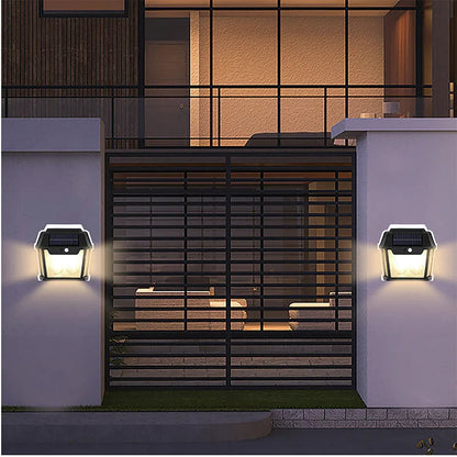 Lampă solară de perete vintage cu 2 LED-uri, senzor de mișcare 8m, 3 moduri iluminare, IP65 waterproof, exterior, fără fir, negru