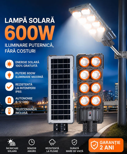 Lampă Solară Stradală LED Exterior 600W cu Senzor – IP65, Iluminare Puternică pentru Curte, Parcări și Spații Mari