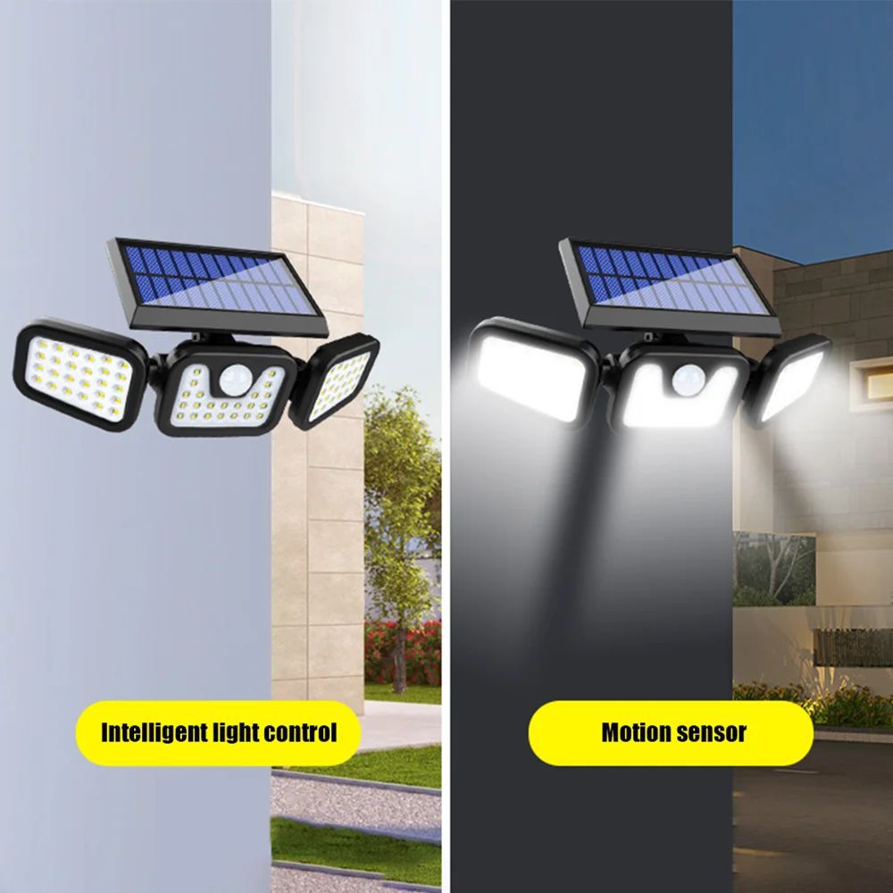 Proiector Solar LED Exterior cu 3 Capete, Senzor de Miscare 270°, 74 LED-uri, Iluminat Puternic pentru Curte si Gradina, Lampă Solară de Perete cu