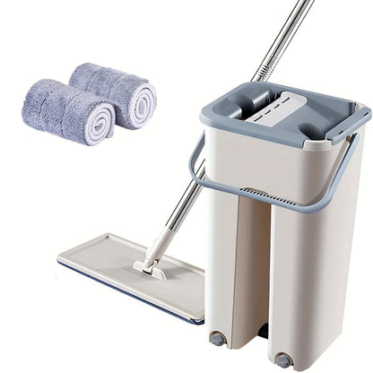 Mop profesional cu găleată 2 compartimente (spălare + uscare), sistem stoarcere automată + 2 rezerve microfibră , mop plat telescopic inox