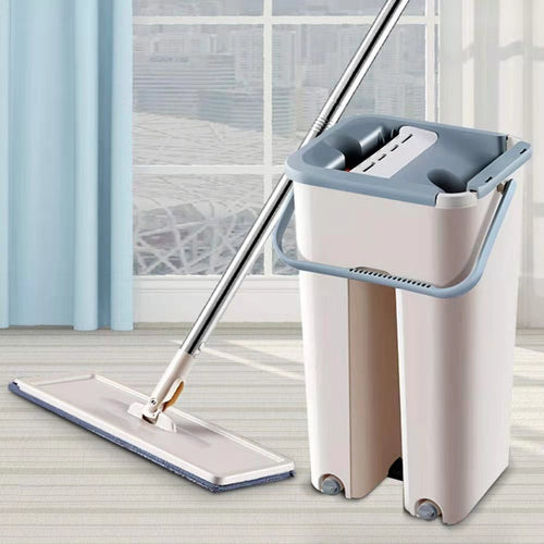 Mop profesional cu găleată 2 compartimente (spălare + uscare), sistem stoarcere automată + 2 rezerve microfibră , mop plat telescopic inox