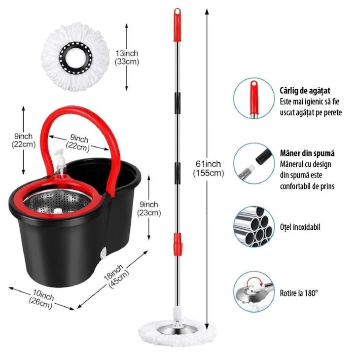 SUPER Mop Rotativ cu Găleată, Mâner Inox + 5 Rezerve CADOU
