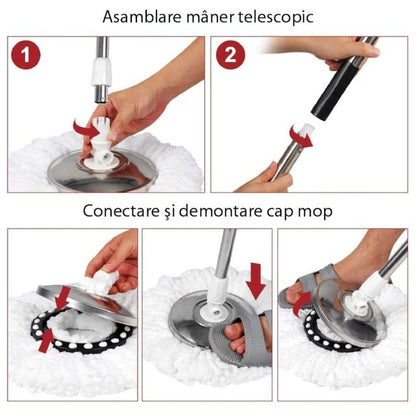 SUPER Mop Rotativ cu Găleată, Mâner Inox + 5 Rezerve CADOU