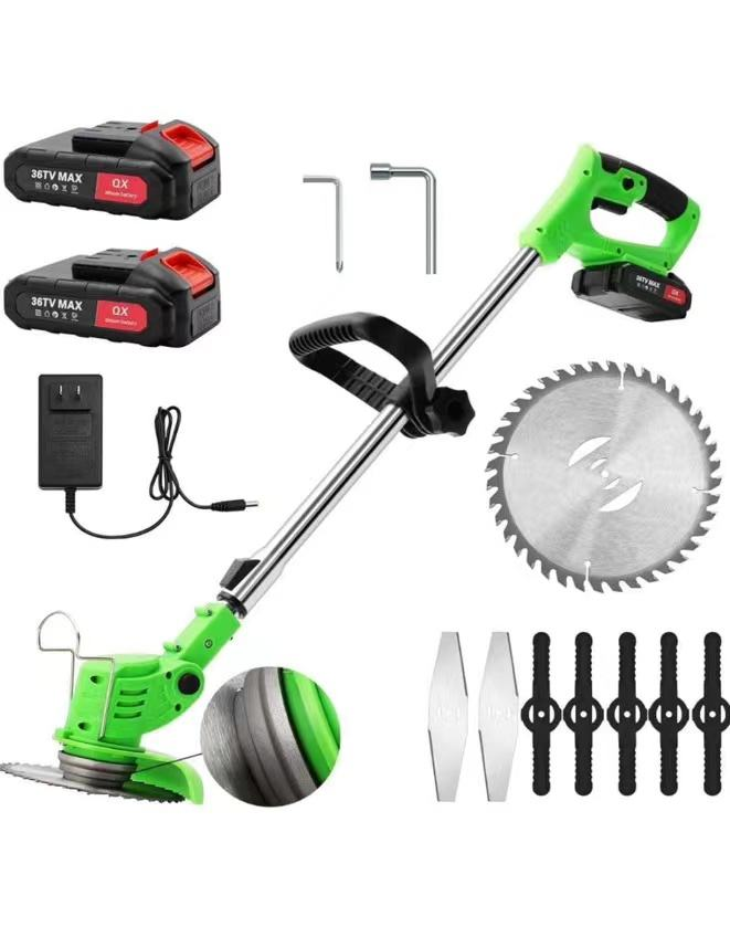 Motocoasă electrică fără fir 48V, 18000 RPM, 2 acumulatori, disc și 3 tipuri lame, autonomie mare, mâner telescopic reglabil, accesorii incluse