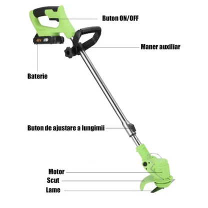 Motocoasă cu Roți și 2 Acumulatori 48V – Set Complet Accesorii, Puternică și Portabilă