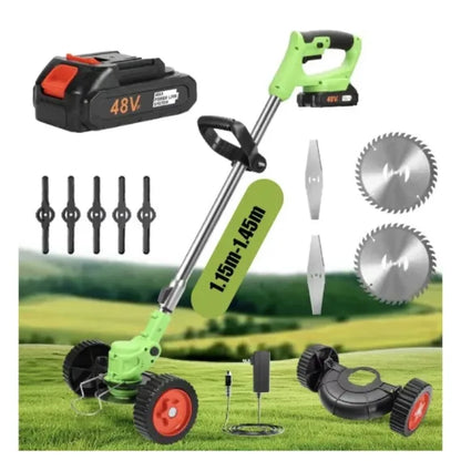 Motocoasă cu Roți și 2 Acumulatori 48V – Set Complet Accesorii, Puternică și Portabilă
