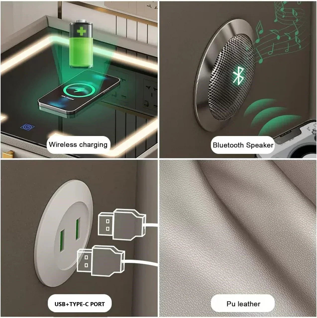 Noptiera Smart Multifunctionala cu LED, Incarcare Wireless si USB, Difuzor Bluetooth, 2 Sertare, Design Premium