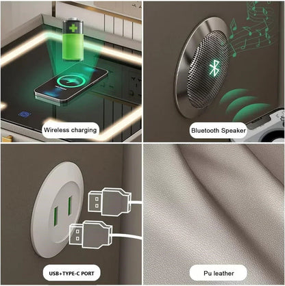 Noptiera Smart Multifunctionala cu LED, Incarcare Wireless si USB, Difuzor Bluetooth, 2 Sertare, Design Premium