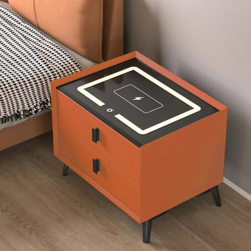 Noptieră Smart Portocalie cu 2 Sertare, Încărcare Wireless și LED Tactil, Design Modern din Sticlă și Lemn