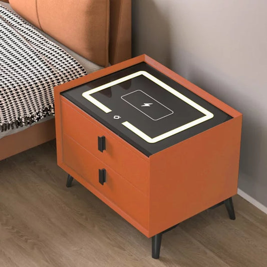 Noptieră Smart Portocalie cu 2 Sertare, Încărcare Wireless și LED Tactil, Design Modern din Sticlă și Lemn