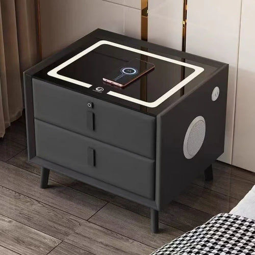 Noptieră Smart Multifuncțională Gri închis cu 2 Sertare – Încărcare Wireless, USB, LED Tactil 3 Culori, Boxă Bluetooth și Amprentă
