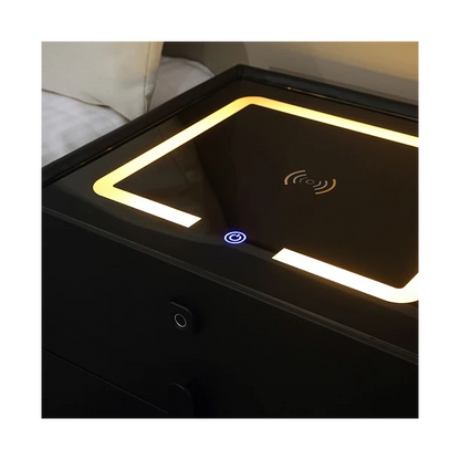 Noptieră Smart Multifuncțională Gri închis cu 2 Sertare – Încărcare Wireless, USB, LED Tactil 3 Culori, Boxă Bluetooth și Amprentă