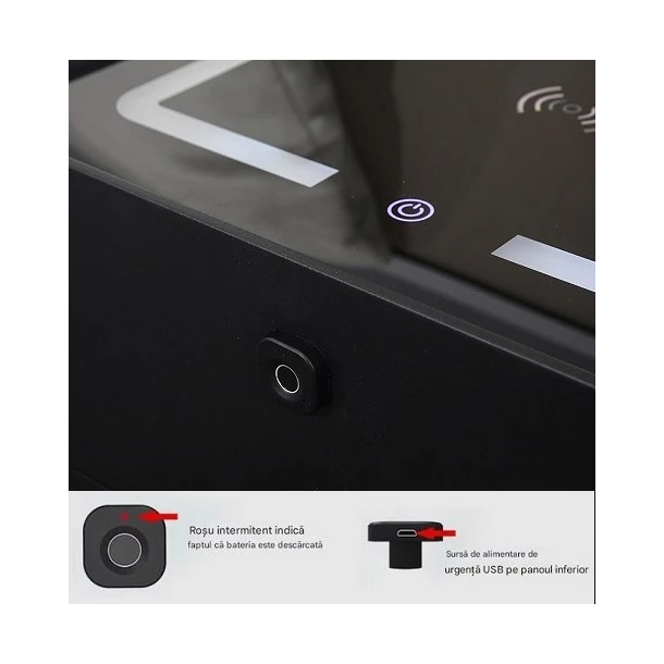 Noptieră Smart Multifuncțională Gri închis cu 2 Sertare – Încărcare Wireless, USB, LED Tactil 3 Culori, Boxă Bluetooth și Amprentă